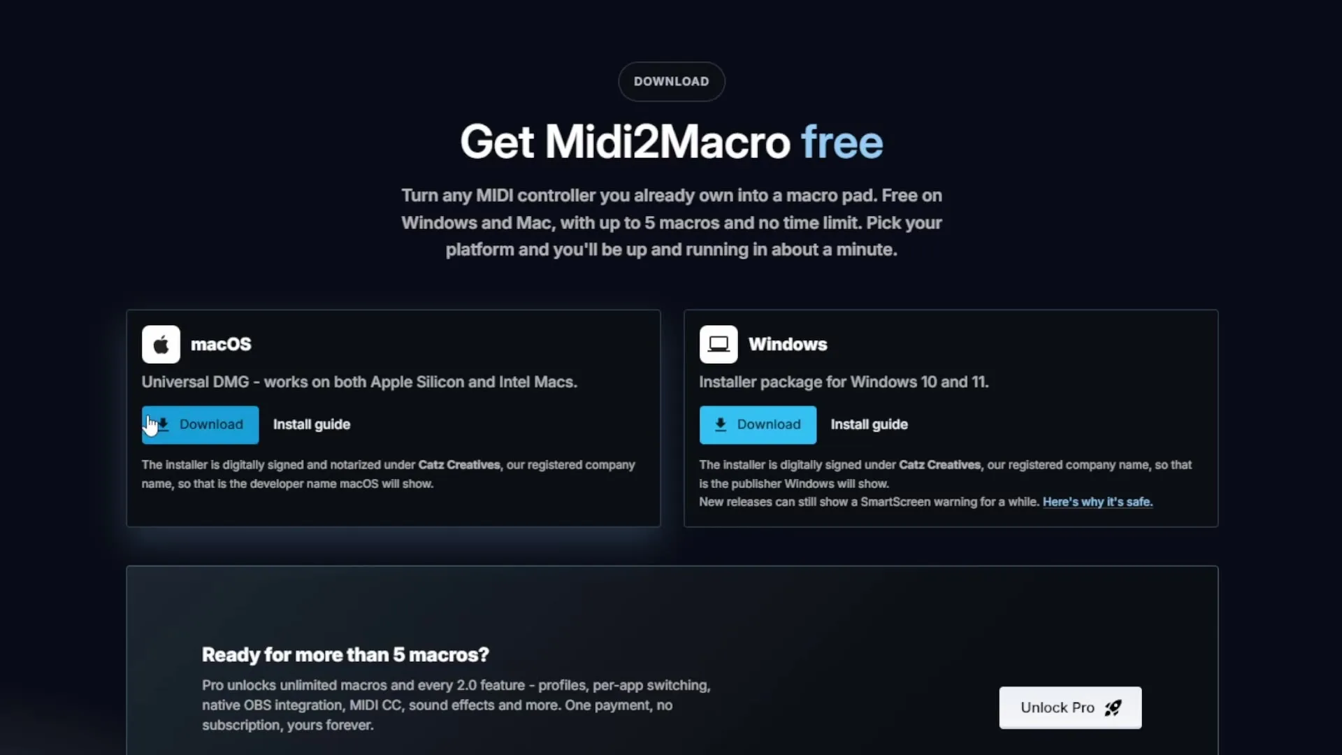 The Midi2Macro download page with installers for macOS and Windows and a note that the free version allows up to 5 macros
