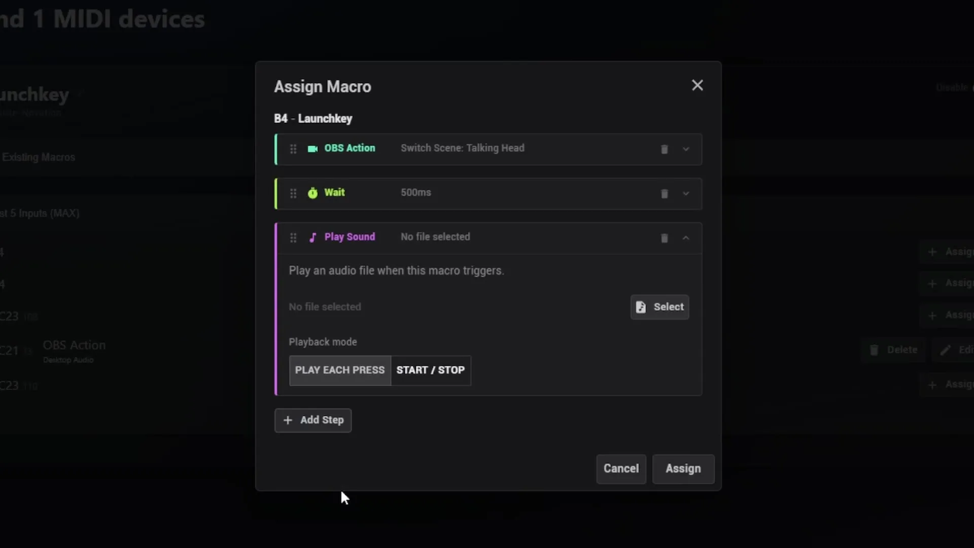 The Assign Macro window showing a three-step sequence: switch OBS to the Talking Head scene, wait 500ms, then play a sound