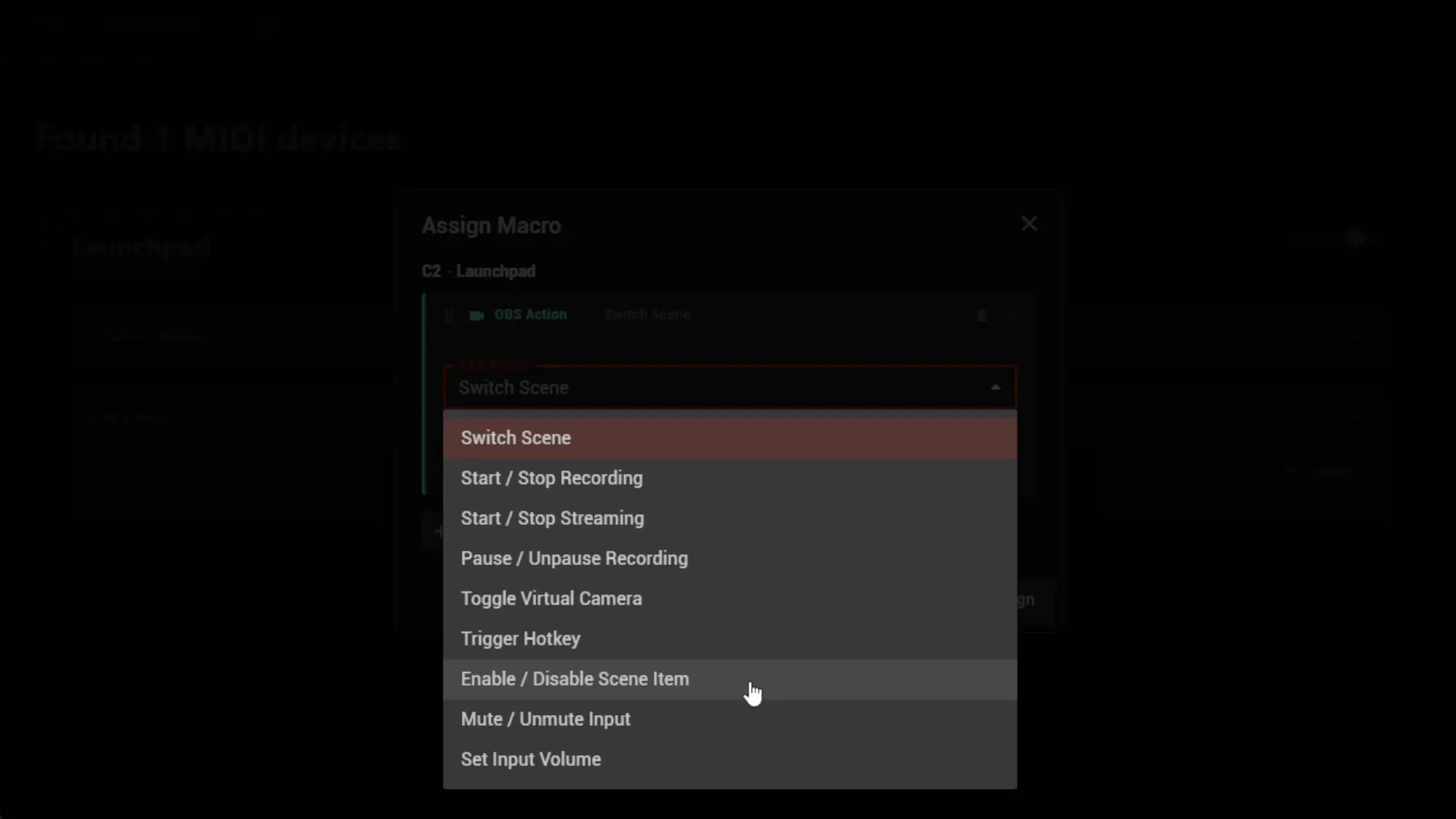 The OBS Action menu in Midi2Macro 2, listing Switch Scene, Start / Stop Recording, Start / Stop Streaming, Toggle Virtual Camera and more