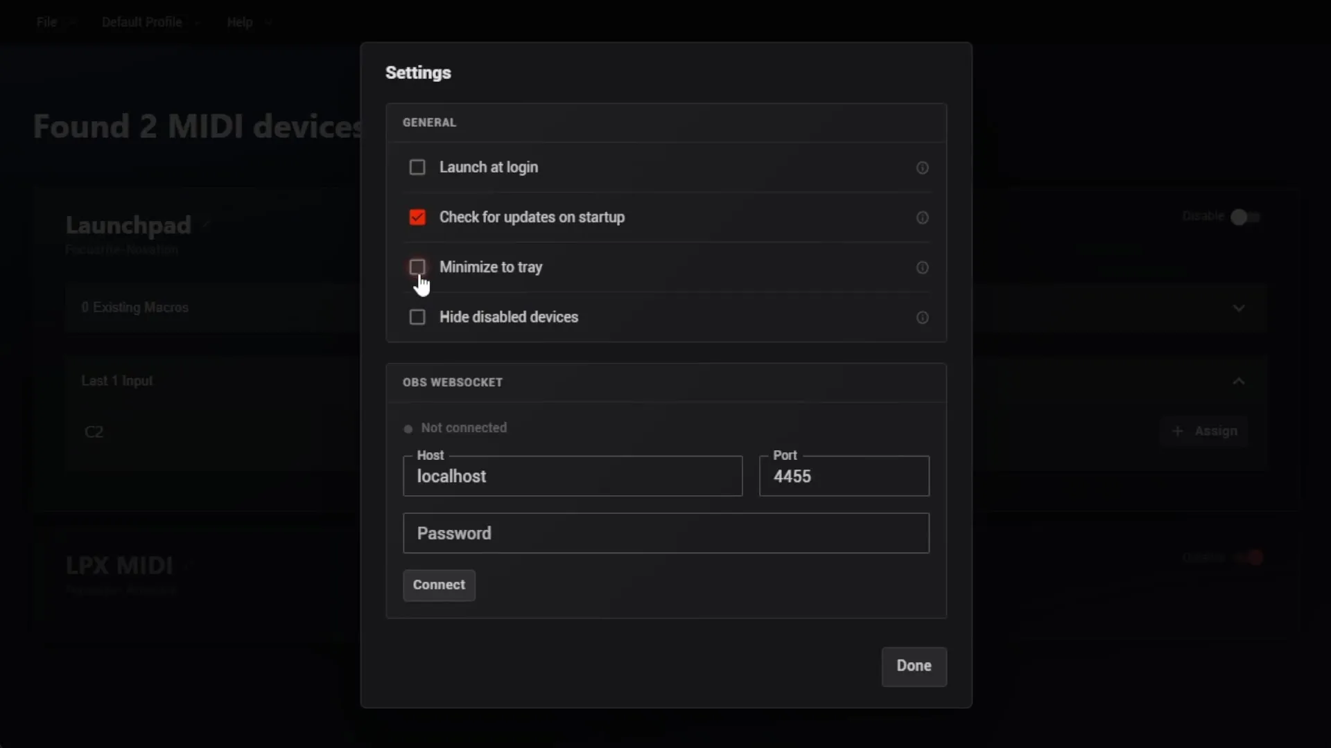 The Midi2Macro 2 Settings window with Launch at login, Check for updates on startup, Minimize to tray and the OBS WebSocket connection fields
