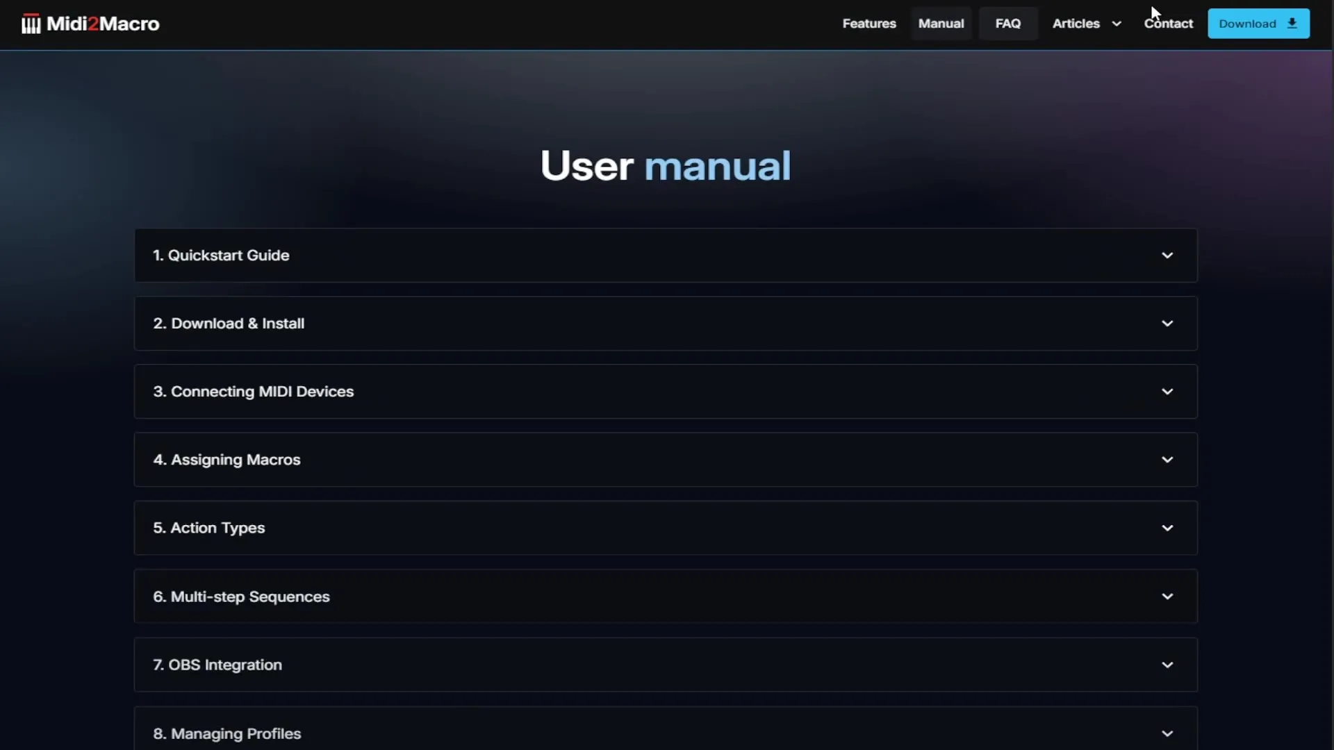 The Midi2Macro user manual page, with sections from Quickstart Guide to Managing Profiles