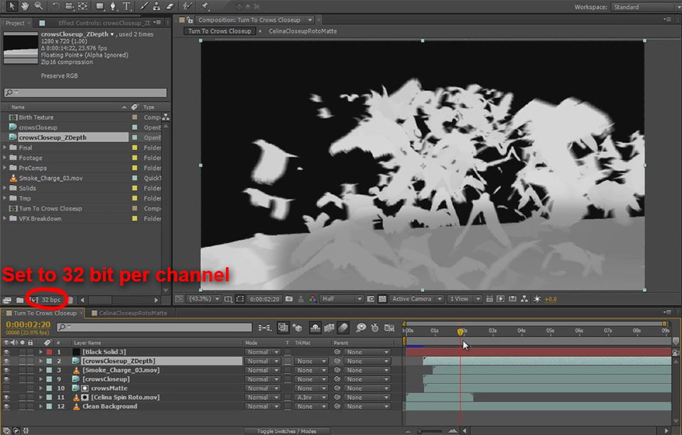 Dissolve Into Crows VFX Part 2 10 - Z Depth Crow Layer 32 bit per channel